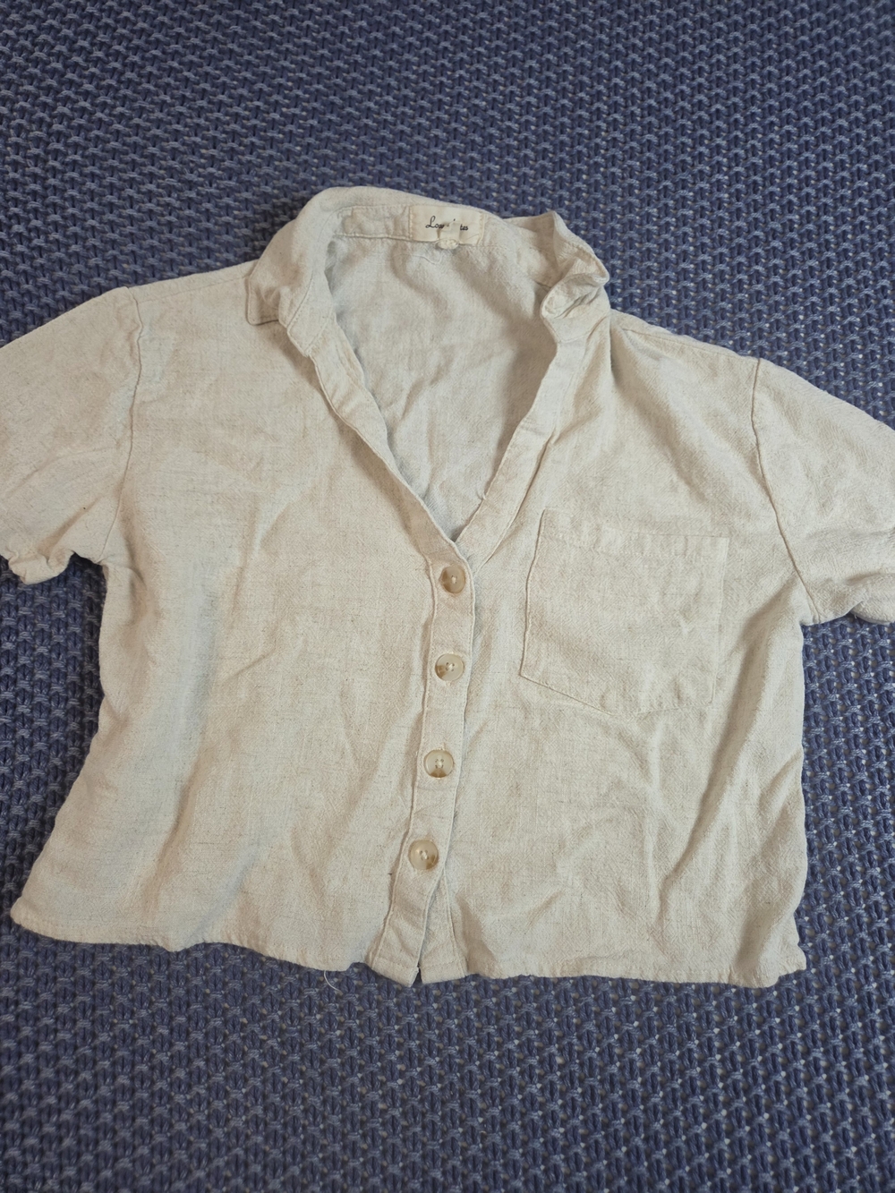 Linen Crop Love Notes Cream Short-Sleeve Button-Down Shirt #0452